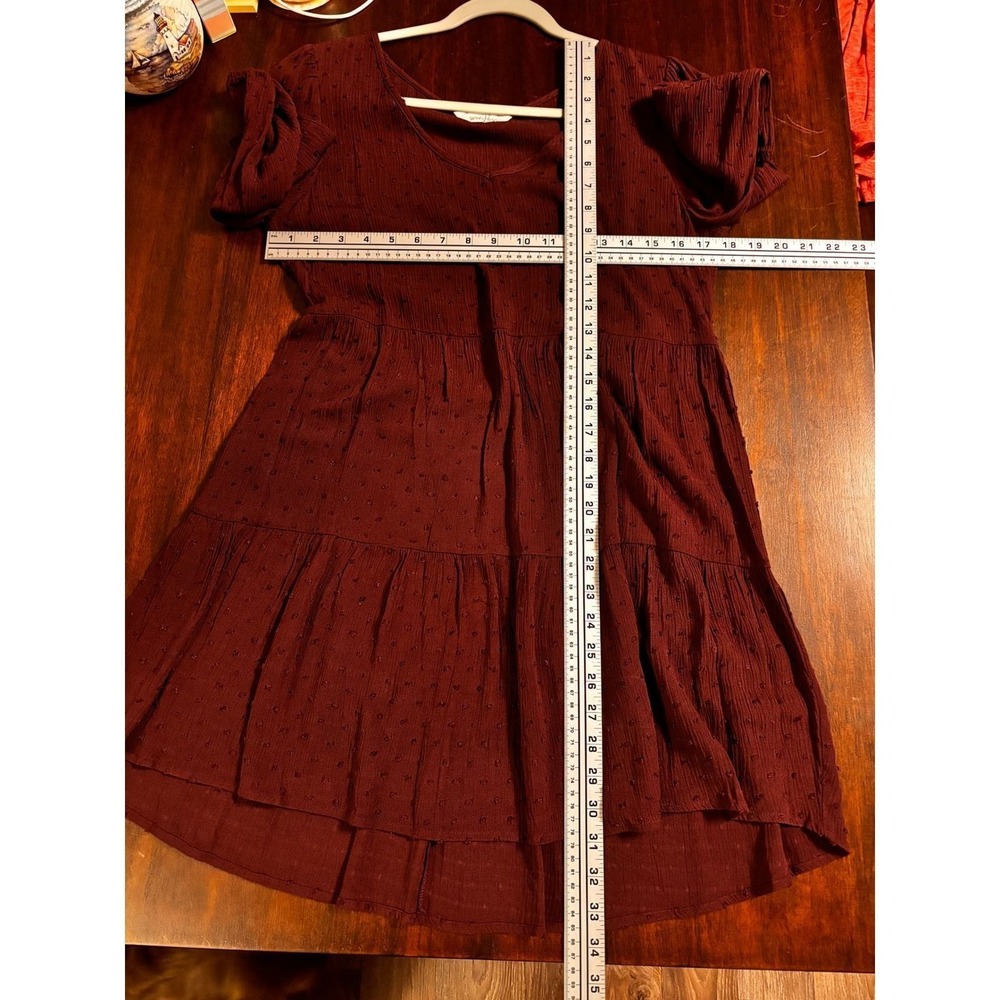 Speechless Brown Clip Dot Tiered Babydoll Mini Dress V-Neck 3/4 Sleeve Small - Picture 6 of 6